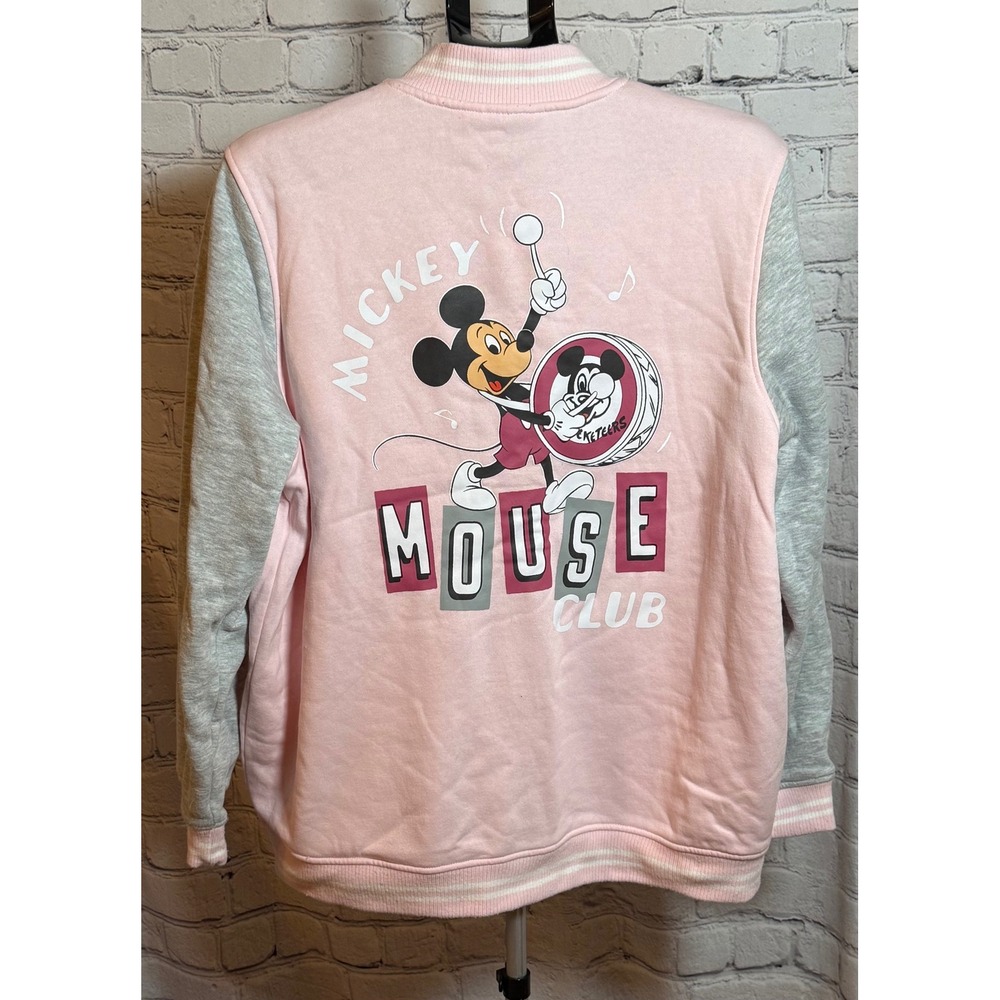 Disney 100 Mickey Mouse Club Varsity Jacket Pink Gray XL Snap Front Sweatshirt - Picture 2 of 4
